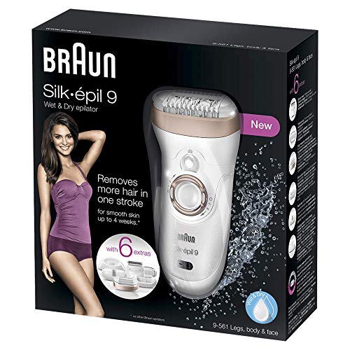 Braun Silk-épil 9 9-561 Depiladora eléctrica inalámbrica con tecnología Wet & Dry, con 6 accesorios incluyendo un cabezal con recortadora y afeitadora, para mujer, Blanco/bronce