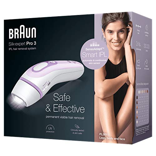 Braun Silk·Expert Pro 3 PL3011 Depiladora Luz Pulsada (IPL), Depilación Permanente, Cara y Cuerpo, Maquinilla Venus Original, Funda Premium, 9 Minutos para Ambas Piernas, Blanco/Lila, 300000 Disparos