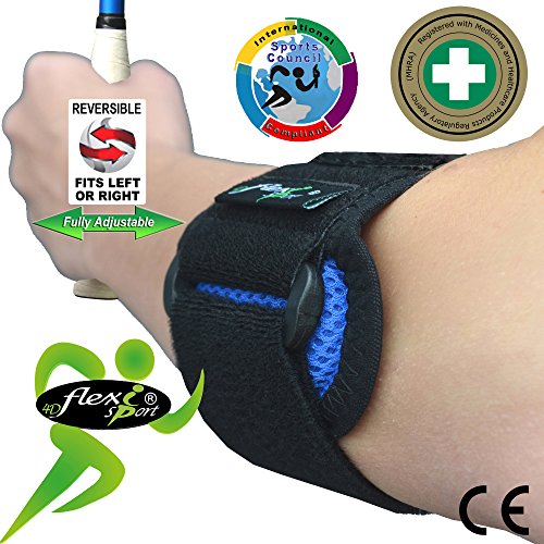 Brazalete para tratamiento del CODO DE TENISTA (Azul Royal) Llevado en Wimbledon. ANTI-SUDOR, HIPOALERGÉNICO libre de Neopreno y Látex, respeta las píelas más delicadas | Talla única | Intercambiable L o R | Nivel de compression adjustable | Unisexo.