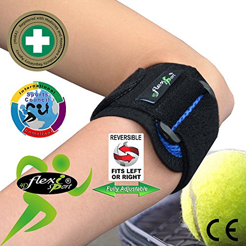 Brazalete para tratamiento del CODO DE TENISTA (Azul Royal) Llevado en Wimbledon. ANTI-SUDOR, HIPOALERGÉNICO libre de Neopreno y Látex, respeta las píelas más delicadas | Talla única | Intercambiable L o R | Nivel de compression adjustable | Unisexo.