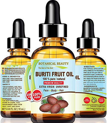 Brazilian BURITI FRUIT OIL 100% Pure / Natural / Cold Pressed Carrier Oil / Undiluted. For Face, Body, Hair, Lip And Nail Care. "One The Richest Natural Sources Of Vitamin A, E And C." From The Amazon Rainforest. (0.33 Fl.oz-10ml.) by Botanical Beauty