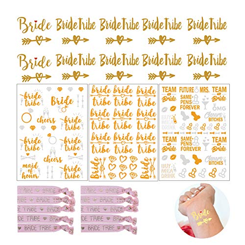 Bride Tattoo, tatuaje de la novia, tatuaje de la tribu de la novia, tatuaje de la novia del equipo metálico dorado y pulseras para la despedida de soltera y el día de la boda (80 piezas)