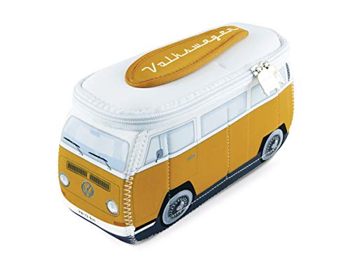 BRISA VW Collection Volkswagen VW T2 Bus Bolsa Universal de Neopreno, Estuche para lápices, Caja de papelería, Neceser, Bolso de Maquillaje-Cosméticos-Aseo para Escuela/Oficina/Regalo (Naranja/Blanco)