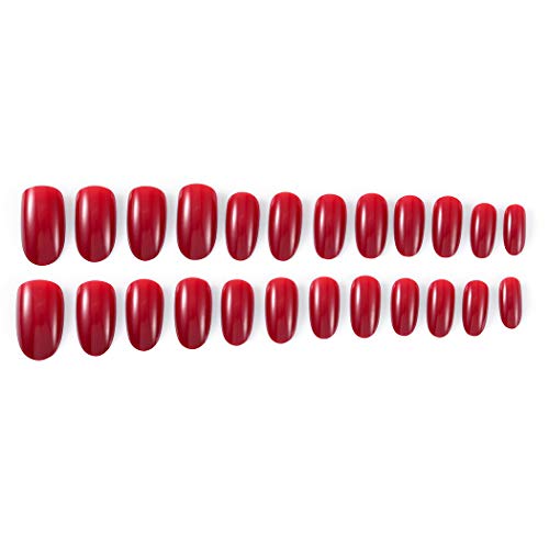 Brishow Coffin uñas postizas cortas uñas postizas rojo brillante en las uñas ovaladas, 24 unidades para mujeres y niñas