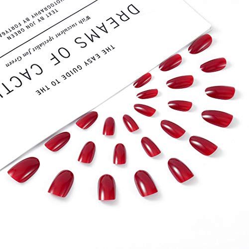 Brishow Coffin uñas postizas cortas uñas postizas rojo brillante en las uñas ovaladas, 24 unidades para mujeres y niñas