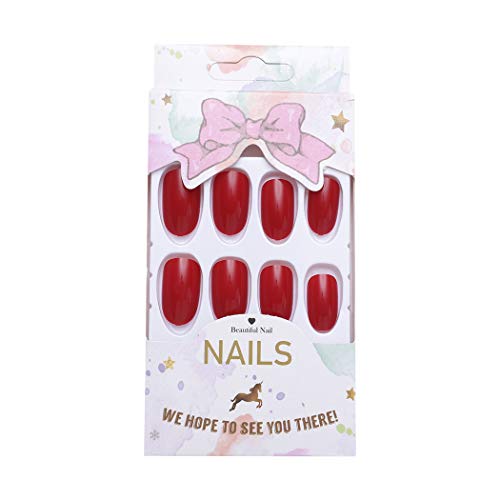 Brishow Coffin uñas postizas cortas uñas postizas rojo brillante en las uñas ovaladas, 24 unidades para mujeres y niñas