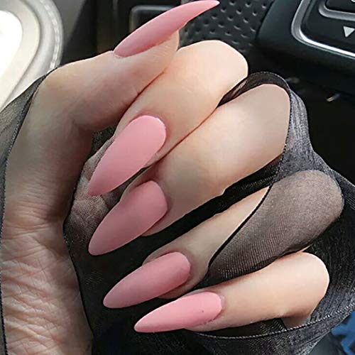 Brishow Uñas postizas largas Bailarina Mate Stick on Nails Cubierta completa Uñas postizas acrílicas 24 piezas para mujeres y niñas (rosa claro)