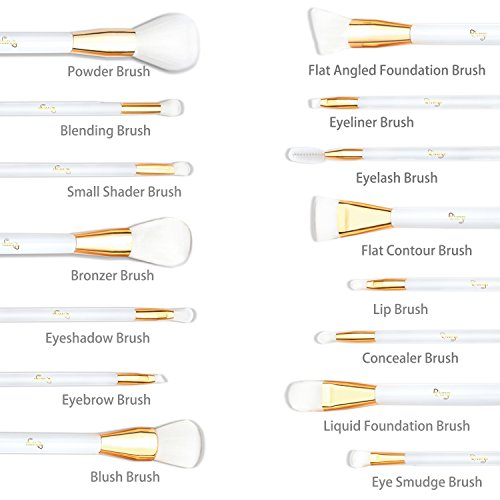 Brochas de Maquillaje, Qivange Brochas Maquillaje Profesional Vegano/Sintético set brochas maquillaje brochas ojos + Bolsa Cosmética, Blanca con Oro(15pcs)