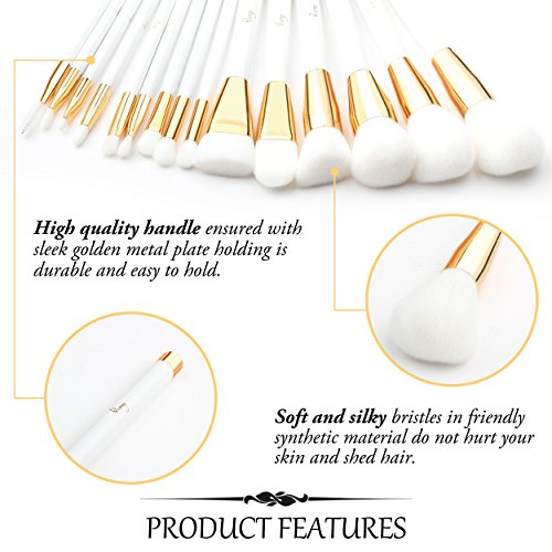 Brochas de Maquillaje, Qivange Brochas Maquillaje Profesional Vegano/Sintético set brochas maquillaje brochas ojos + Bolsa Cosmética, Blanca con Oro(15pcs)
