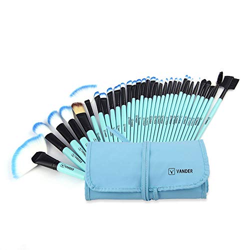 brochas de maquillaje,Vander- Juego de 32 brochas de maquillaje profesionales, base sintética, polvos, correctores, brochas de belleza con bolsa de viaje para cosméticos, azul