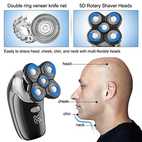 Broche del pelo Afeitadora eléctrica, Afeitadora rotativa USB Recargable a prueba de agua con cepillo de limpieza facial Razor Trimmer de cabeza calva para nariz de barba (Negro)