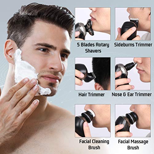 Broche del pelo Afeitadora eléctrica, Afeitadora rotativa USB Recargable a prueba de agua con cepillo de limpieza facial Razor Trimmer de cabeza calva para nariz de barba (Negro)