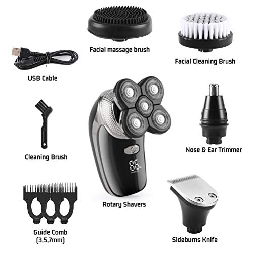 Broche del pelo Afeitadora eléctrica, Afeitadora rotativa USB Recargable a prueba de agua con cepillo de limpieza facial Razor Trimmer de cabeza calva para nariz de barba (Negro)