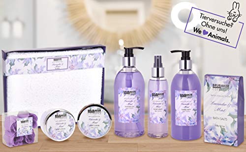 BRUBAKER Cosmetics Set de Baño y Ducha"Lavender & Mint" - Fragancia de Lavanda - Set de regalo de 12 piezas en caja de yute decorativa