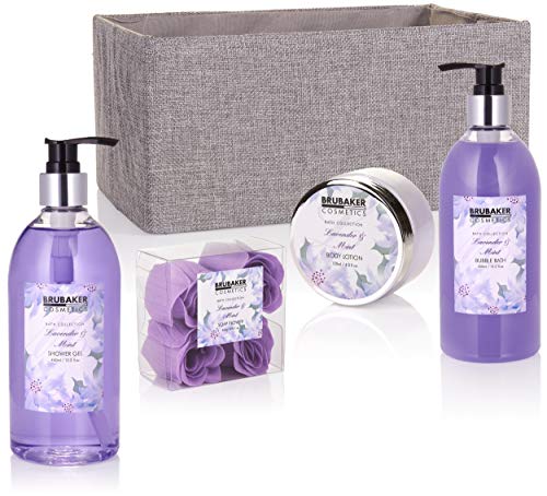 BRUBAKER Cosmetics Set de Baño y Ducha"Lavender & Mint" - Fragancia de Lavanda - Set de regalo de 12 piezas en caja de yute decorativa