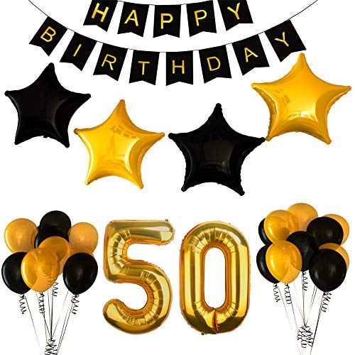 BSL 50.o Kit de Decoraciones de la Fiesta de cumpleaños, Bandera del Feliz Cumpleaños, 50.ª Globos de Número de Oro, Globos de Estrellas de látex, Decoraciones de Cumpleaños de 50 Años de Edad