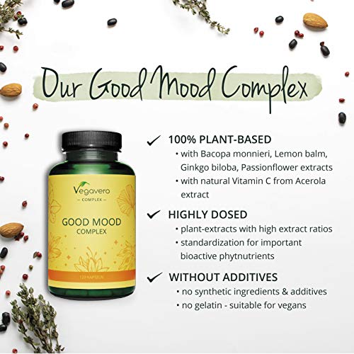 Buen Humor Complex Vegavero® | 100% Natural | Ansiedad & Estrés | Azafrán + Bacopa Monnieri + Ginkgo Biloba + Melisa + Pasiflora | Estrés + Insomnio + Irritabilidad | 180 Cápsulas