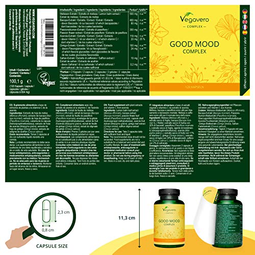 Buen Humor Complex Vegavero® | 100% Natural | Ansiedad & Estrés | Azafrán + Bacopa Monnieri + Ginkgo Biloba + Melisa + Pasiflora | Estrés + Insomnio + Irritabilidad | 180 Cápsulas