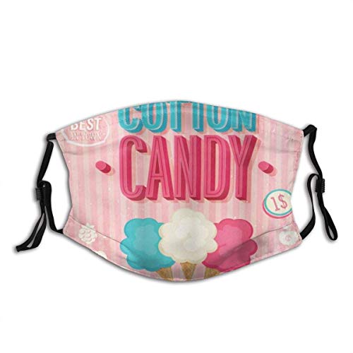 Bufanda Facial Unisex Reusable Nose Face Scarf Vintage Cotton Candy Advertising Poster Design Aged Look and Fluffy Tasty Flavors Mouth Scarf Adjustable Earloops with Replaceable Filter
