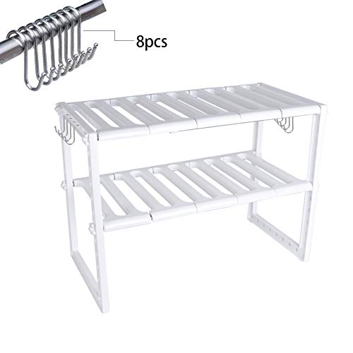 BUONDAC Estantería Almacenaje Bajo Fregadero Estante Cocina 40-70 x 38 x 26cm + 8 Ganchos S Organizador Armario Fregadero Ajustable