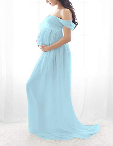 BUOYDM Embarazada Chifón Larga Vestido de Maternidad Split Vista Delantera Foto Shoot Dress Faldas Fotográficas de Maternidad Azul M