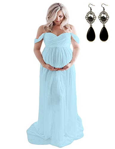 BUOYDM Embarazada Chifón Larga Vestido de Maternidad Split Vista Delantera Foto Shoot Dress Faldas Fotográficas de Maternidad Azul M