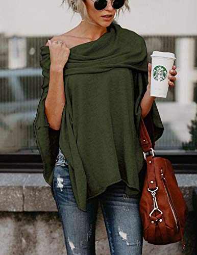 BUOYDM Mujer Camiseta Largos de Mangas Largas de Murciélago Irregular Casual Pullover Camisa Sueltas Tops Verde S