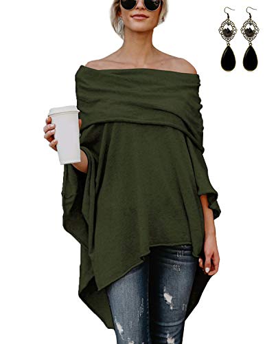 BUOYDM Mujer Camiseta Largos de Mangas Largas de Murciélago Irregular Casual Pullover Camisa Sueltas Tops Verde S