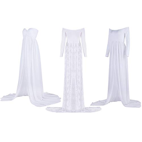 BUOYDM Mujer Embarazada Chifón Largos Vestido de Fiesta Foto Shoot Dress Fotográficas de Maternidad Apoyos De Fotografía Blanco Talla única