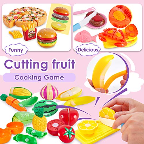 Buyger 31 Piezas Carro Compra Juguetes Supermercado Frutas y Verduras Juguete para Cortar Cocina Alimentos Accesorios Regalo para Niños Niñas 3 4 5 Años