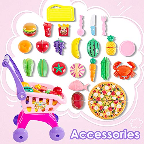 Buyger 31 Piezas Carro Compra Juguetes Supermercado Frutas y Verduras Juguete para Cortar Cocina Alimentos Accesorios Regalo para Niños Niñas 3 4 5 Años