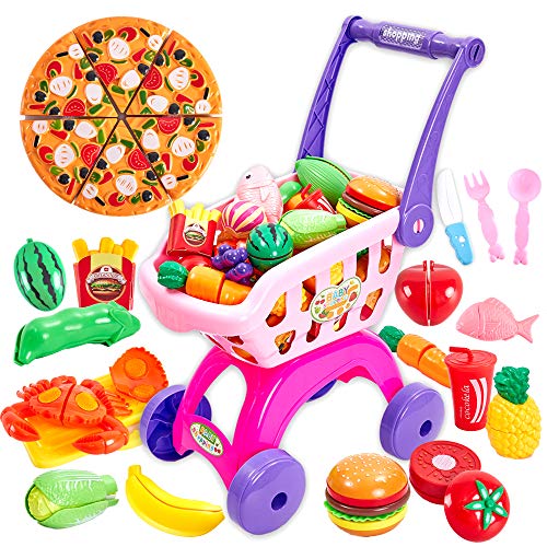 Buyger 31 Piezas Carro Compra Juguetes Supermercado Frutas y Verduras Juguete para Cortar Cocina Alimentos Accesorios Regalo para Niños Niñas 3 4 5 Años