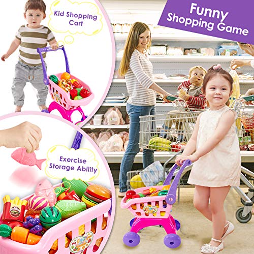 Buyger 31 Piezas Carro Compra Juguetes Supermercado Frutas y Verduras Juguete para Cortar Cocina Alimentos Accesorios Regalo para Niños Niñas 3 4 5 Años