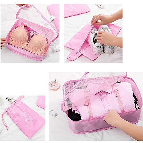 C100AE 8 Pcs Bolsas Organizador Maleta,8 Bolsas de Almacenamiento de Viaje Organizador de Equipaje de Viaje de Diferentes Tamañoscon Impermeable Bolsa de Almacenamiento de Zapatos (Rosa)