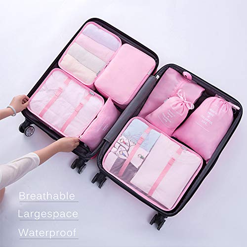 C100AE 8 Pcs Bolsas Organizador Maleta,8 Bolsas de Almacenamiento de Viaje Organizador de Equipaje de Viaje de Diferentes Tamañoscon Impermeable Bolsa de Almacenamiento de Zapatos (Rosa)