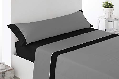 Cabetex Home - Juego de sábanas Lisas - Colores Combinados - 3 Piezas - Microfibra Transpirable (Gris/Negro, 135_x_190/200 cm)