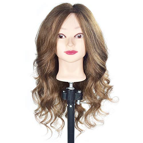 Cabeza de maniquí de cosmetología femenina ErSiMan, con cabeza de maniquí 100% de pelo humano, cabeza de maniquí de 20 pulgadas para entrenamiento de peluquería y cabeza de muñeca con abrazadera
