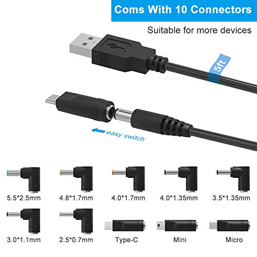 Cable alimentación universal BERLS, USB CC 5,5 x 2,1, 5 V, con 10 conectores seleccionables (5,5 x 2,5, 4,8 x 1,7, 4,0 x 1,7, 4,0 x 1,35, 3,5 x 1,35, 3,0 x 1,1, 2,5 x 0,7, micro USB, tipo C, mini USB)