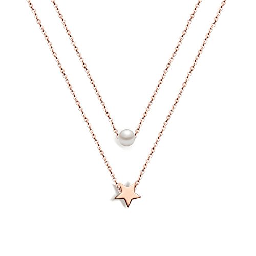 Cadena de collar de acero inoxidable para mujer - Muting 2018 Estrella de cinco puntas y colgante de perlas Cadena de charm de acero inoxidable de oro rosa para damas niñas