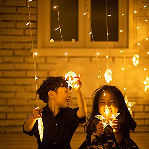 Cadena de luces Cortina LED, 2.5m x 1m Estrellas Blanco Cálido Guirnaldas Luces Pilas luminosas de Exterior, 138 LED Luces de Hadas Decoración para Habitacion, Fiestas, Bodas, Infantil, Navidad