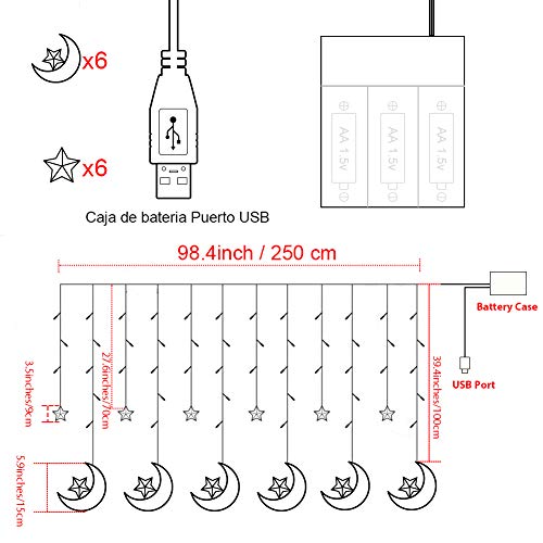 Cadena de luces Cortina LED, 2.5m x 1m Estrellas Blanco Cálido Guirnaldas Luces Pilas luminosas de Exterior, 138 LED Luces de Hadas Decoración para Habitacion, Fiestas, Bodas, Infantil, Navidad