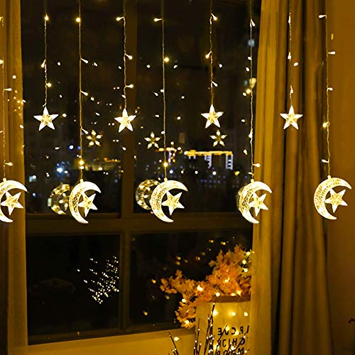 Cadena de luces Cortina LED, 2.5m x 1m Estrellas Blanco Cálido Guirnaldas Luces Pilas luminosas de Exterior, 138 LED Luces de Hadas Decoración para Habitacion, Fiestas, Bodas, Infantil, Navidad
