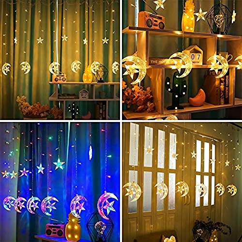 Cadena de luces Cortina LED, 2.5m x 1m Estrellas Blanco Cálido Guirnaldas Luces Pilas luminosas de Exterior, 138 LED Luces de Hadas Decoración para Habitacion, Fiestas, Bodas, Infantil, Navidad