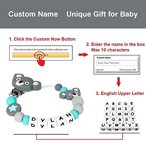 Cadena Para Chupetes Personalizado Para Bebe con Nombre Silicona Clips de Chupete Soothie Clip Corona Mordedor Sin BPA (Gris)