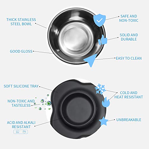 Cadosoigh Comedero para Gatos Perros Mascotas de Acero Inoxidable(2 * 12oz/400ml) con Base de Silicona Antideslizante,con Tazón Plegable