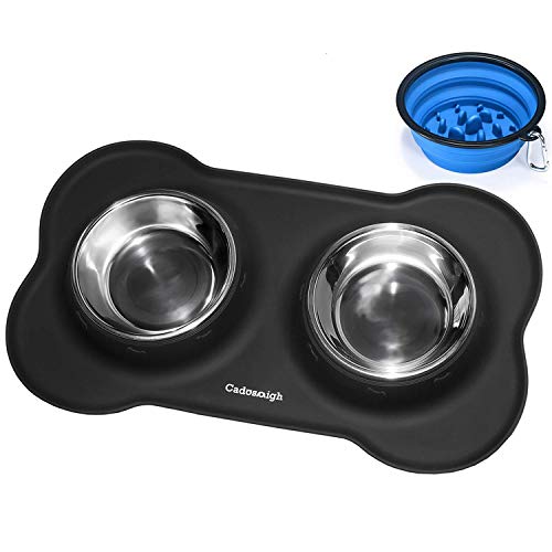 Cadosoigh Comedero para Gatos Perros Mascotas de Acero Inoxidable(2 * 12oz/400ml) con Base de Silicona Antideslizante,con Tazón Plegable