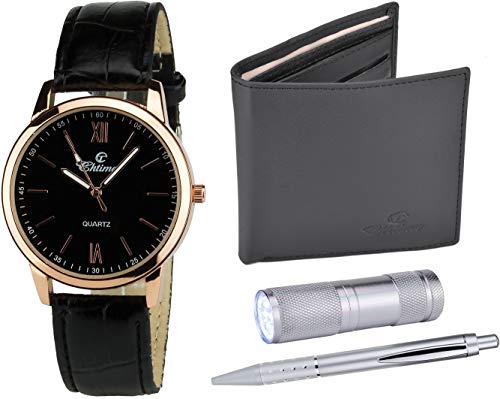 Caja de Regalo Reloj Hombre Negro Oro Lámpara LED - Bolígrafo