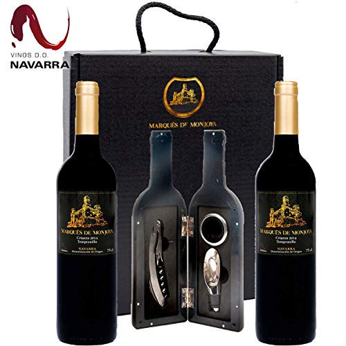 Caja de Vino Tinto - Pack de 2 Botellas con Set con sacacorchos servidor con tapón y aro antigoteo Regalo Original - Crianza D.O. Origen Navarra añada del 2014 - Estuche ideal para regalar