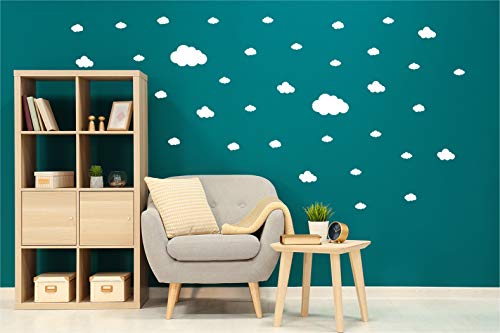 Calcomanía de pared con nubes (28 calcomanías) | Fácil de despegar y seguro en paredes pintadas | Vinilo extraíble decoración | Pegatina redonda grande juego de hojas (blanco)