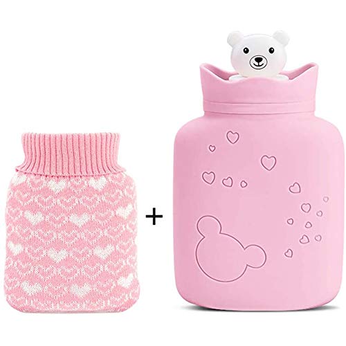 Calefacción Botellas de Agua Caliente con Fundas Tejidas Seguro Duradero Portátil Gel de Sílice Oso Calentadores de Manos Invierno Cálido Navideños Regalo Proteccion (Color : Pink)